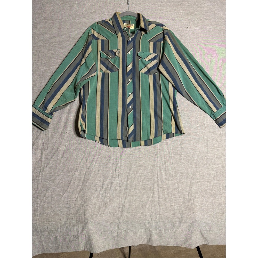 Authentic Western Youngbloods Mens Green Striped Pearl Snap Western Shirt L